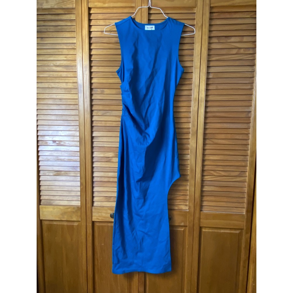 Open Edit Womens Ruched Side Slit Sleeveless Midi‎ Dress Teal Blue XS - Picture 3 of 7